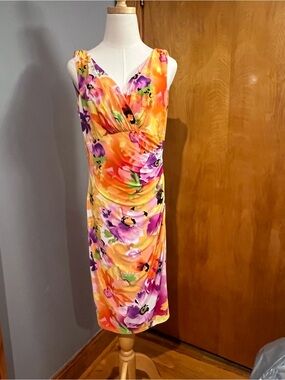 Lauren Ralph Lauren Bright Floral V-Neck Midi Dress